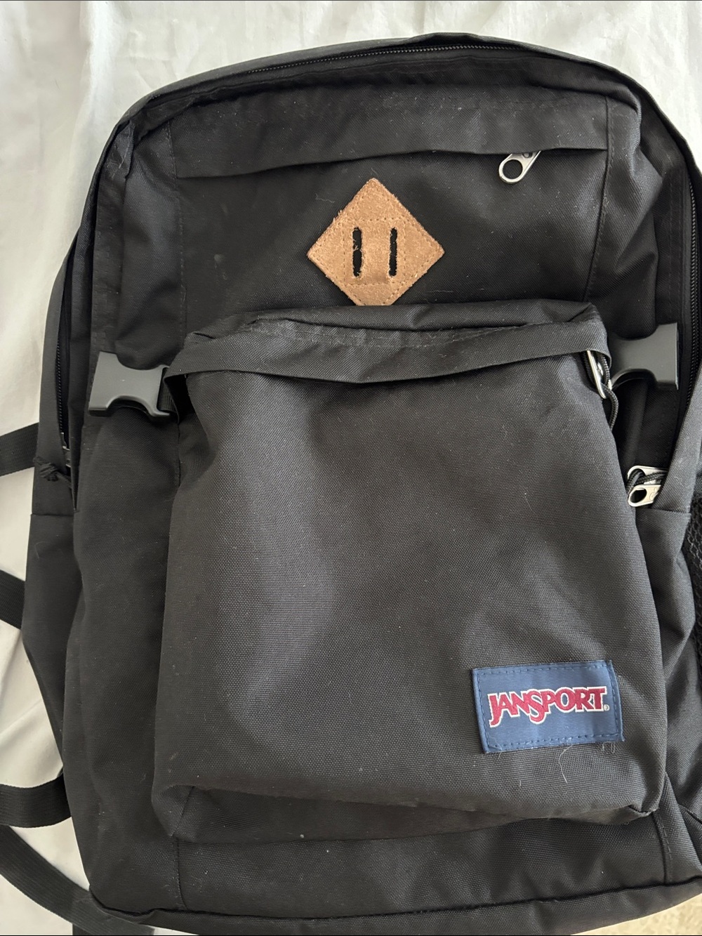 Jansport Black Backpack with Front Pocket and Leather Patch - Picture 3 of 3